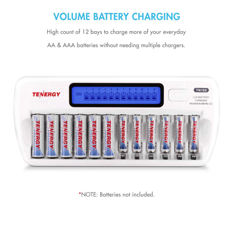 Tenergy TN160 LCD Battery Charger 12-Bay Smart Battery Charger for AA/AAA NiMH/NiCd Rechargeable Batteries Charger with Refresh Function Household Battery Charger w/AC Wall Adapter