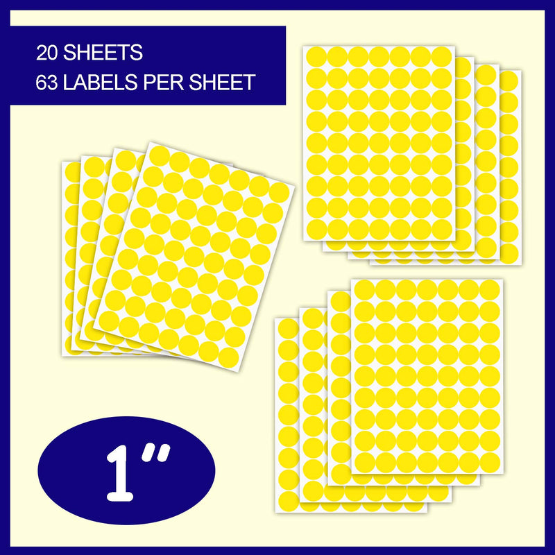 1260 Pcs 1" Round Color Coding Circle Dot Labels, Yellow 1 in Circle Dot Stickers, Self-Adhesive Removable Labels, 8 1/2" x 11" Sheet （ 20 Sheet ） 1260 Pack