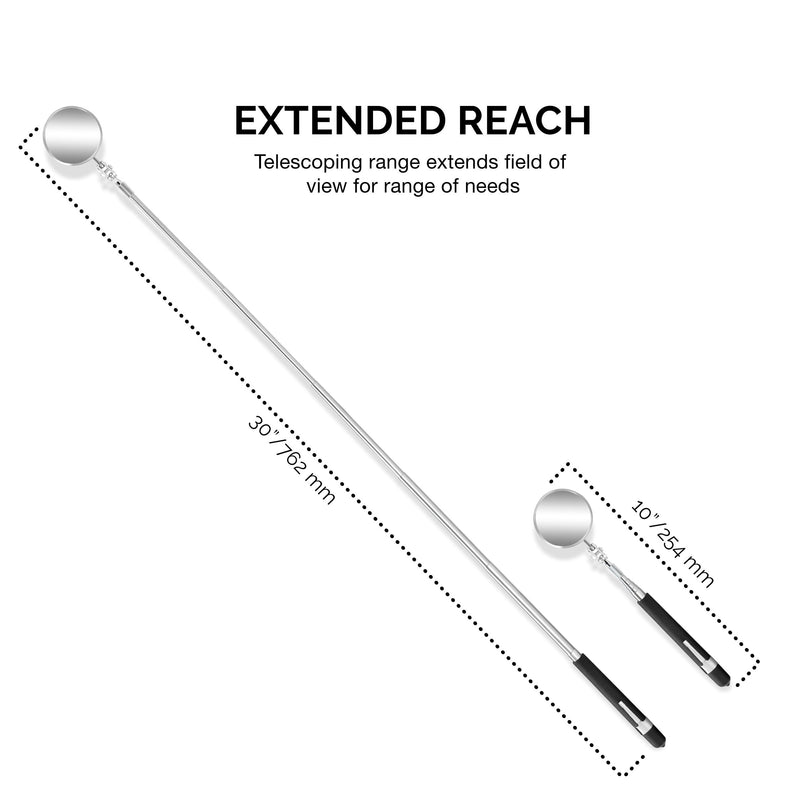 TOOLUXE 20734L Telescoping Inspection Mirror | 30" Retractable Handle | Includes Two 2-1/4" Glass Mirrors Mirror Set