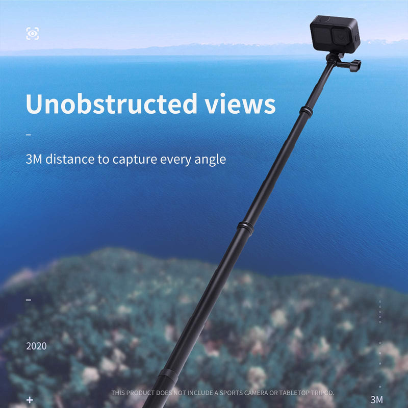 TELESIN 118"/3 Meters Ultra Long Selfie Stick for GoPro Max Hero 10 9 8 7 6 5 4 3+, Insta 360 One R One X, DJI Osmo Action, Extendable at 6 Lengths Carbon Fiber Lightweight Pole Monopod