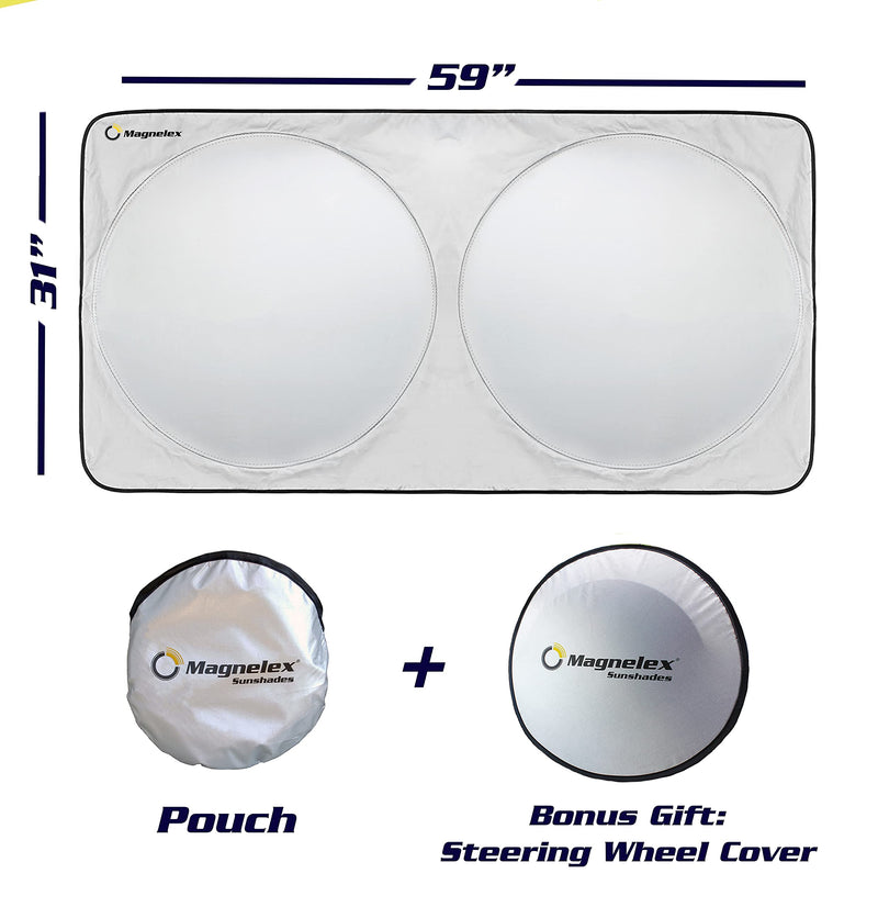 Magnelex Car Windshield Sunshade with Bonus Steering Wheel Cover Sun Shade. 210T Reflective Polyester Blocks Heat and Sun. Foldable Sun Shield That Keeps Your Vehicle Cool (Large 63 x 33.8 in) LARGE - (63" x 33.8")