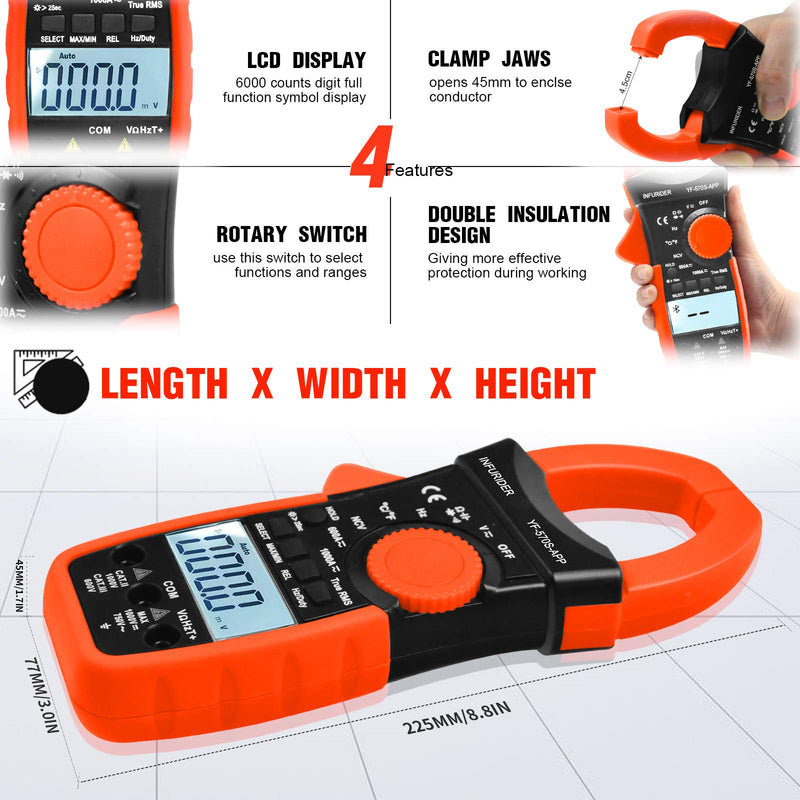 INFURIDER Digital AC/DC Volt Amp Clamp Meter,Wireless Bluetooth Auto Ranging 1000A Ammeter Clamp Multimeter for Voltage,Current,Ohm,Cap,Temperature Tester 2.YF-570S-APP AC DC Current Clamp with BT