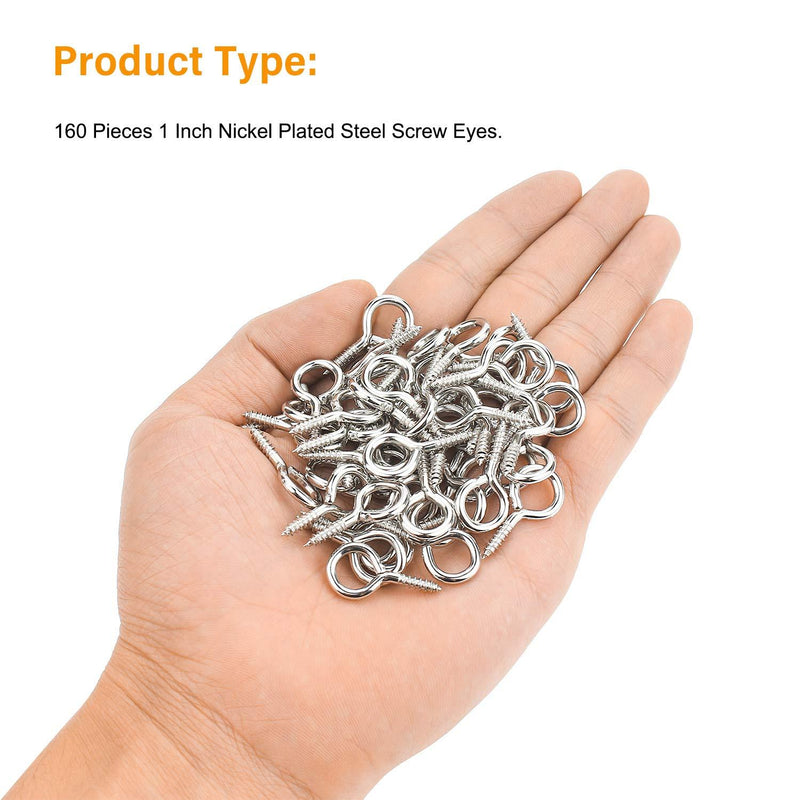 Powlankou 160 Pieces 1 inch Screw Eyes, Nickel Plated Steel Screw Eyes, Self Tapping Screw Hooks, Metal Eye Hooks, Eyelet Screws