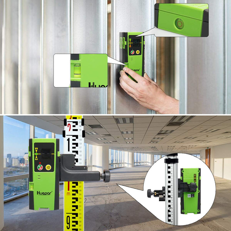 Huepar Laser Detector for Line Laser Level, Digital Laser Receiver Used with Pulsing Line Lasers Up to 200ft, Detect Red and Green Laser Beams, Three-Sided LED Displays, Clamp Included LR-6RG
