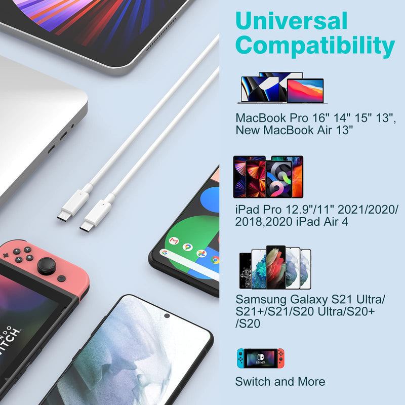 10ft 100W/5A USB C to C Charging Cable, Cord Compatible with MacBook Pro 16, 14, 15, 13 inch, New Air 2020/2019/2018, USBC iPad Pro 12.9/11, Mini 6 2021, Air 4 2020, USB-IF Certified 10ft White 1