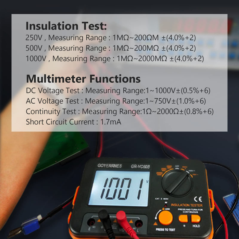 Insulation Resistance Tester Digital Ohmmeter Megohmmeter GR-VC60B+ DCV Megohmmeter Voltage Tester 250/500/1000V ACV Megohm 750V with 1999 Count Large LCD Display Data Hold Backlight