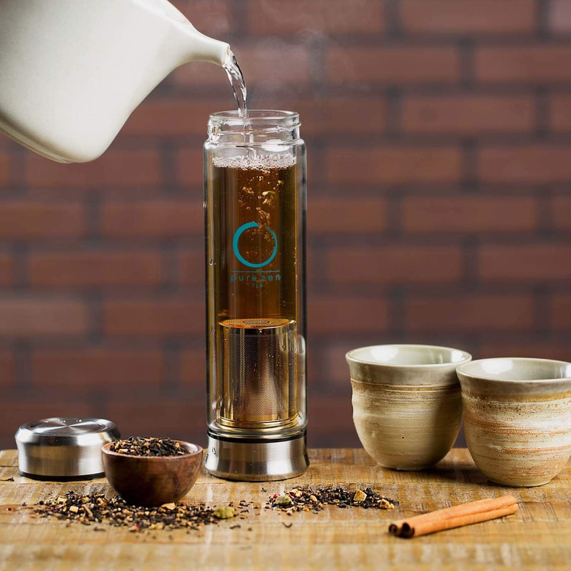 Pure Zen Tea Tumbler with Infuser - BPA Free Double Wall Glass Travel Tea Mug with Stainless Steel Filter - Leakproof Tea Bottle with Strainer for Loose Leaf Tea and Fruit Water 13 Ounce