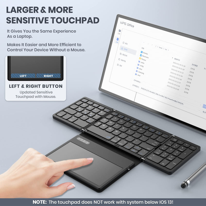 GEODMAER Foldable Bluetooth Keyboard, Portable Full Size Bluetooth Keyboard with Large Touchpad, Rechargeable Tri-Folding Ultra Slim Travel Keyboard for Windows iOS Android Mac, Sync up to 3 Devices