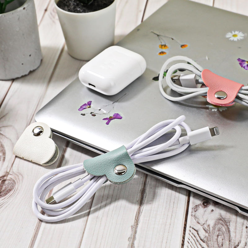 KALIONE Heart Cord Winder, 3 Pack Wrap Winder Manager, USB Cable Organizer Storage, PU Leather Earphones Storage Straps, Portable Bag Charging Cable Holder, Cute Headphone Case Gifts for Women Girls