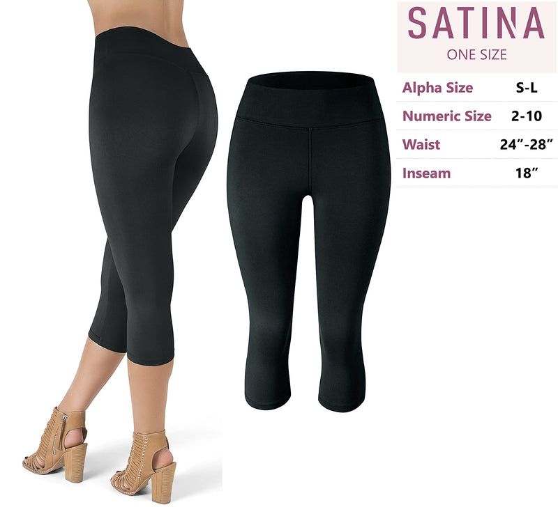 SATINA High Waisted Leggings - 25 Colors - Super Soft Full Length Opaque Slim One Size 03 Capri Black