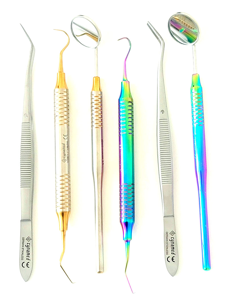 ArTLaB-Premium German 3 Instruments Basic Dental Set- Mirror Explorer College Cotton Plier Hollow Handle -Dental Instruments set of 3 (Gold and Rainbow Set of 6) Gold and Rainbow Set of 6