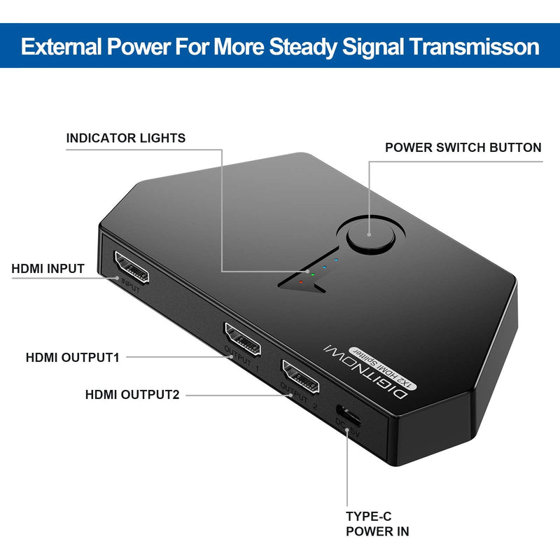 DIGITNOW HDMI Splitter 1 in 2 Out, 4K HDMI Ver1.4 HDCP, Powered HDMI Splitter Supports 3D 4K@30HZ Full HD1080P for Xbox PS4 DVD Players Apple TV Blu-Ray Player Fire Stick