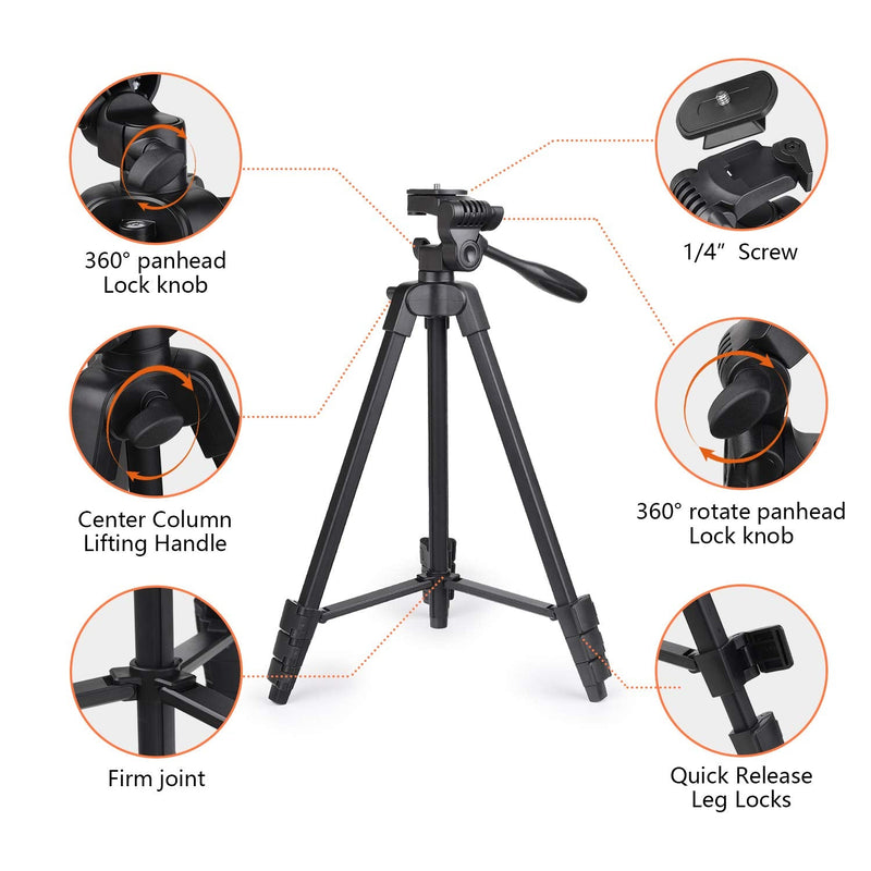 PHOPIK Lightweight Phone Tripod 55Inches, Video Tripod with 360 Panorama and 1/4â€ Mounting Screw for Mirrorless/Gopro/DSLR Camera, Phone Holder for Smartphone, Max Load 6.6 Lbs, Carry Bag Inclued