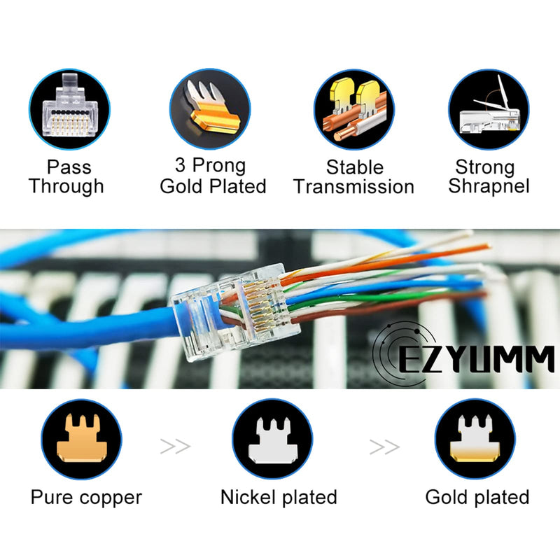 EZYUMM 100 Pieces RJ45 Cat6 Pass Through Connectors Gold Plated Ethernet Modular UTP Plug Connector Ends for 24 AWG Cable 100PCS CAT6 CONNECTORS