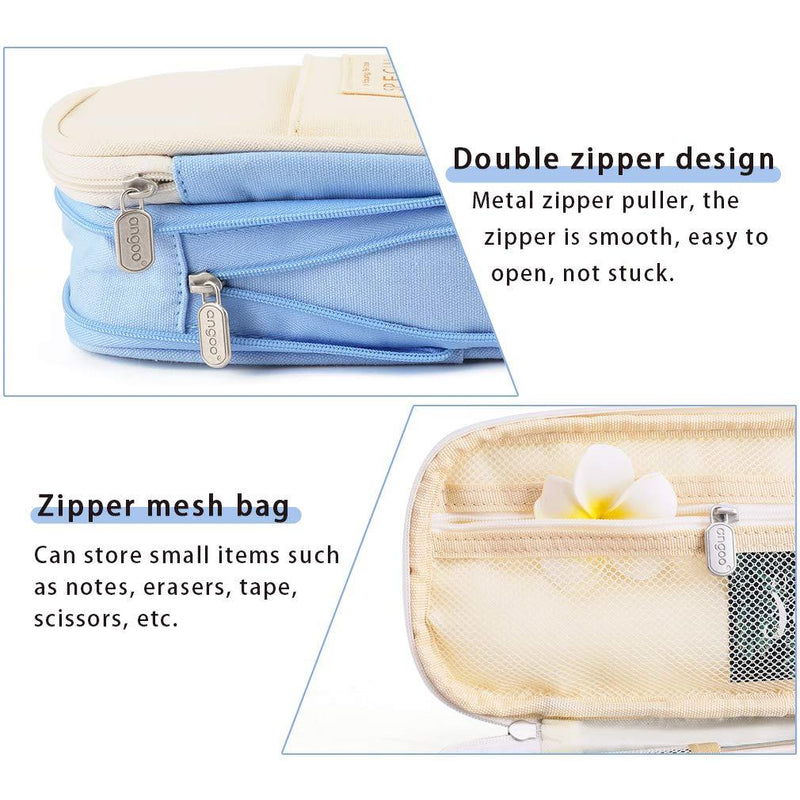 iSuperb Foldable Pencil Case Zipper Big Capacity Canvas Pencil Pouch Stationery Organizers Pen Bag Compartments Cosmetic Makeup Bags for Women Blue+Beige