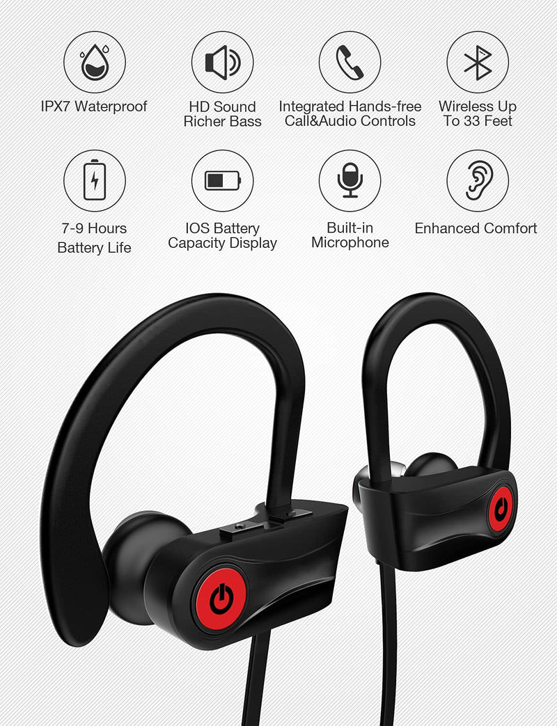 Wireless Headphones, Otium Bluetooth Running Headphones Sports Earbuds, IPX7 Waterproof Stereo Earphones for Gym Running 10 Hours Playtime Noise Cancelling Headsets Black