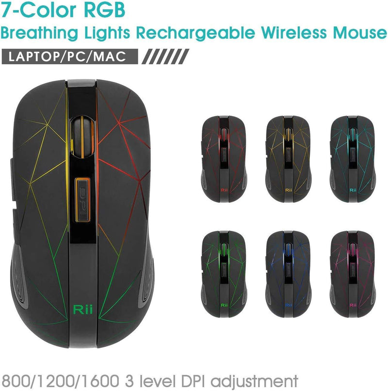 Rii RM200 Wireless Mouse,2.4G Wireless Mouse 5 Buttons Rechargeable Mobile Optical Mouse with USB Nano Receiver,3 Adjustable DPI Levels,Colorful LED Lights for Notebook,PC,Computer-Black