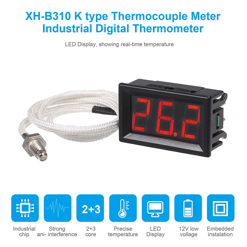 RUIZHI Industrial High Precision Thermometer, -30~800℃ 12V Temperature Meter with K-Type Thermocouple M6 Probe