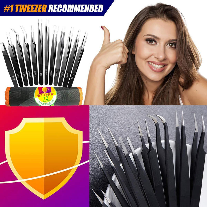 Tweezers, Precision Tweezer Set, Craft Tweezers, Soldering Tweezers, Jewelry Tweezers, Ingrown Tweezers, Eyelash Extension Tweezers, Eyebrow Tweezers - 12 Pack Super Valued Set with Handy Case 12 Pack Precision Tweezers w/ Case - Orange