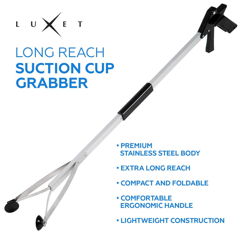 Grabber Reacher Suction Cup Grip Tool- Long 32 Inch Foldable Strong Heavy Duty Aluminum Pick Up Stick - Lightweight Trash Litter Picker Claw Extended Gripper Nabber Assist for Elderly, Luxet (Black) 1 Count (Pack of 1) Black