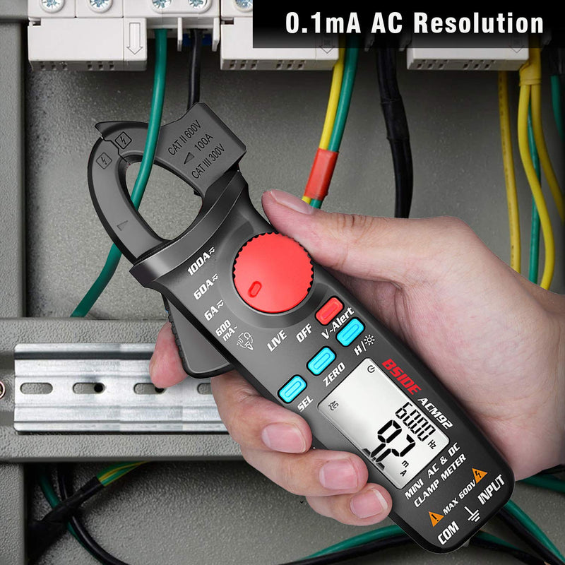 DC Current Clamp Meter 6000 Counts Auto-Ranging Digital Ammeter Amp Ohm Hz Live Check V-Alert Voltage Tester with Back Clip ACM92