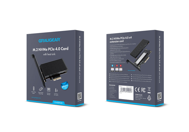 GRAYEAR | M.2 PCIe 4.0 card | for M.2 NVMe SSD | M key | 4X silicone thermal pads | Large aluminum heatsink | 2280, 2260, 2242, 2230 | High + low profile slot bracket | G-M2PCI01