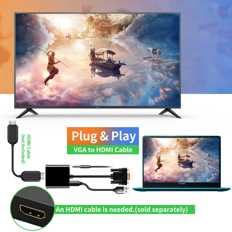 VGA to HDMI Adapter, 1080P VGA Male to HDMI Female Converter for Computer, Desktop, Laptop, PC, Desktop, Monitor, Projector, HDTV