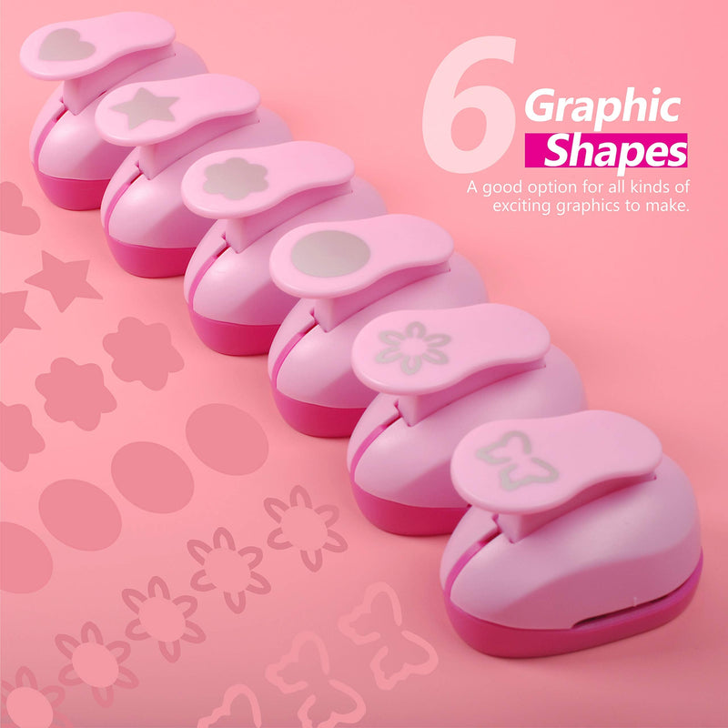 BearBoss 6 Pcs Paper Punch, 1 Inch Craft Hole Punch Handmade Hole Scrapbooking Punches, Different Shape Crafting Designs for Kindergarten Teacher Office Supplies Pink 6 Different Shapes