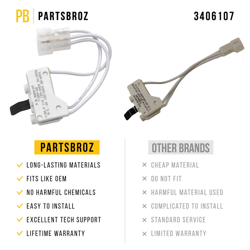 3406107 Door Switch Replacement by PartsBroz - Compatible with Whirlpool Dryers - Replaces WP3406107, AP6008561, 3405100, 3405101, 3406100, 3406101, 3406109