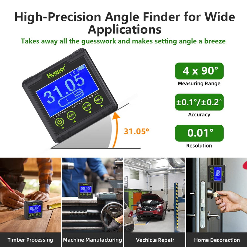 Huepar Digital Protractor, Electric Level Dual Axis Measuring Device 0.01° Resolution V-Groove Magnetic Base & LCD Inclinometer with Audible Alarm 0~360°AG03