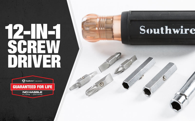 Southwire Tools & Equipment 59723940 12-In-1 Multi-Bit Screwdriver, Interchangeable Bits, Comfort Grip Handle, hex 1/4", 5/16", 3/8"; Phillips #1,2,3; slotted SL4-5,SL6-8,sl8-10, and square #1,2