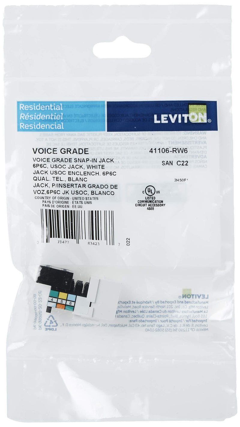 Leviton 41106-RW6 Voice Grade QuickPort Connector, White