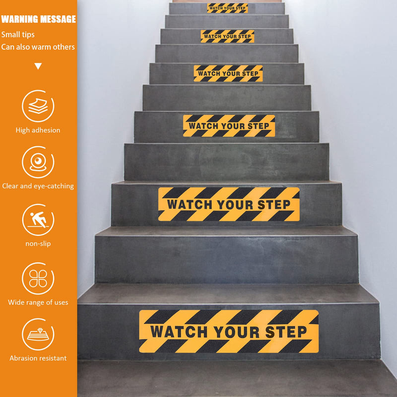 Caution Watch Your Step Floor Decals Stickers, Abrasive Adhesive Anti-Slip Warning Signs, Black and Yellow Non Skid Grip Tape for Stairs Workplace Home Safety, 6x24", 4 Pack