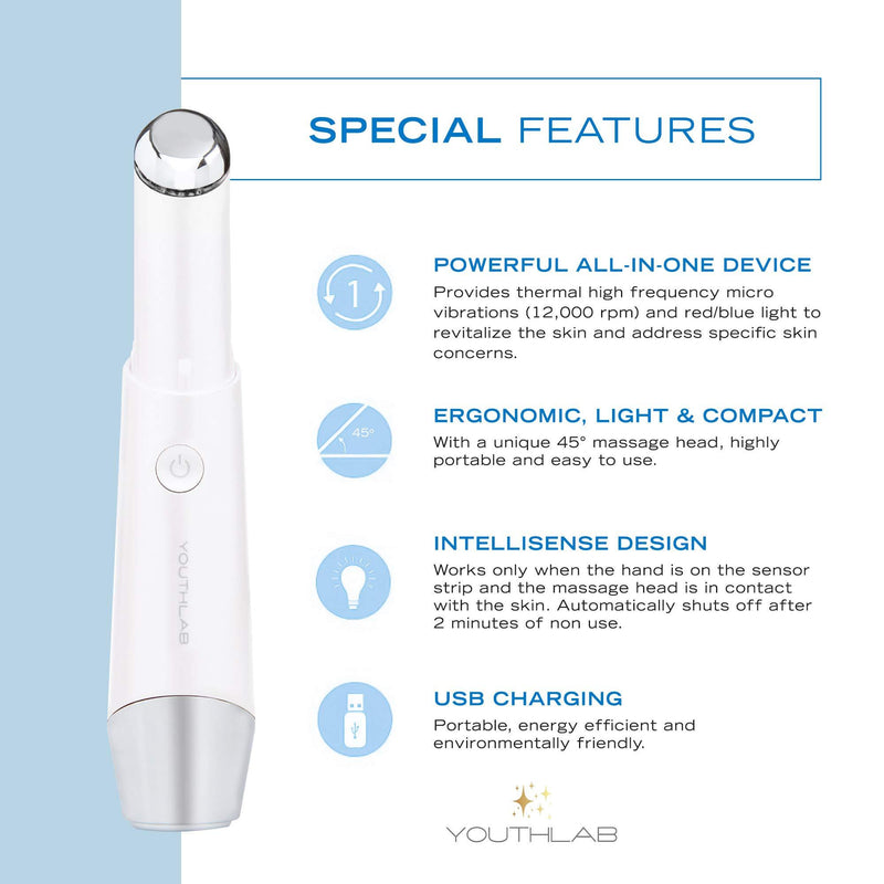 YOUTHLAB Eye & Face Massager Tool/Wand/Pen, Heated/Warm, Sonic Vibration, Anti Aging, Eye Fatigue Relief, Puffy Eyes/Dark Circles/Eye Bags, Boost Product Absorption, Lip Wrinkles, Light White