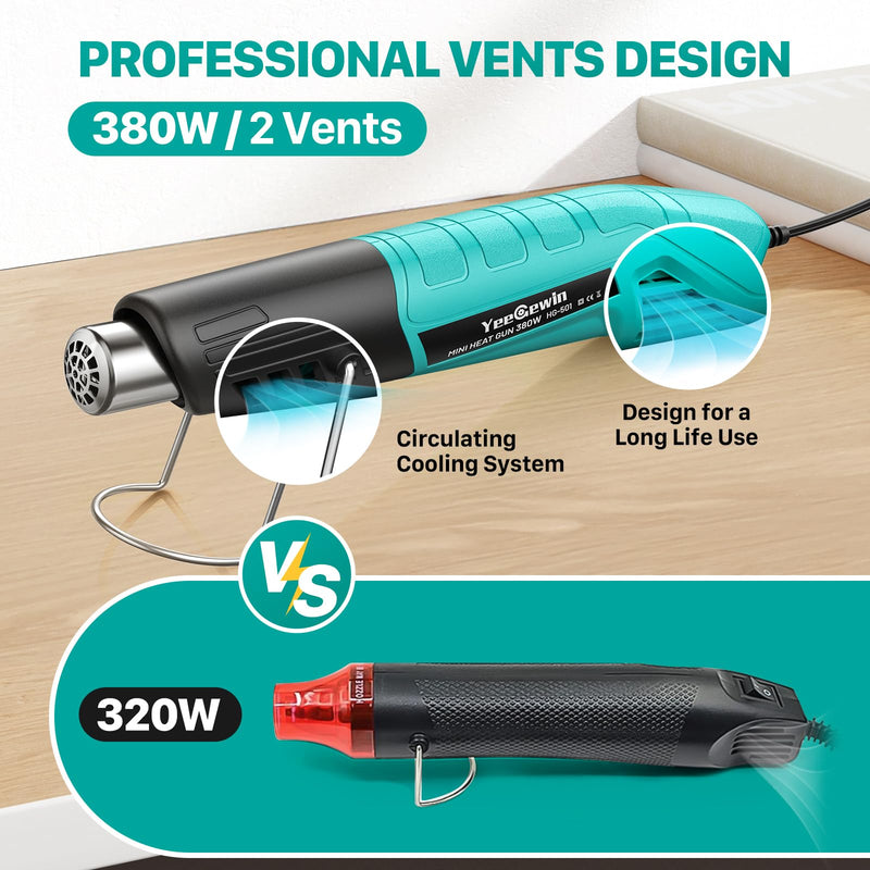 Yeegewin Mini Heat Gun, Handheld Hot Air Gun with 2 Temperature Settings 249°C-455°C, Quick Heating Hot Air Gun with Overload Protection, Stainless Steel Nozzle for Crafts, Shrink Film 1