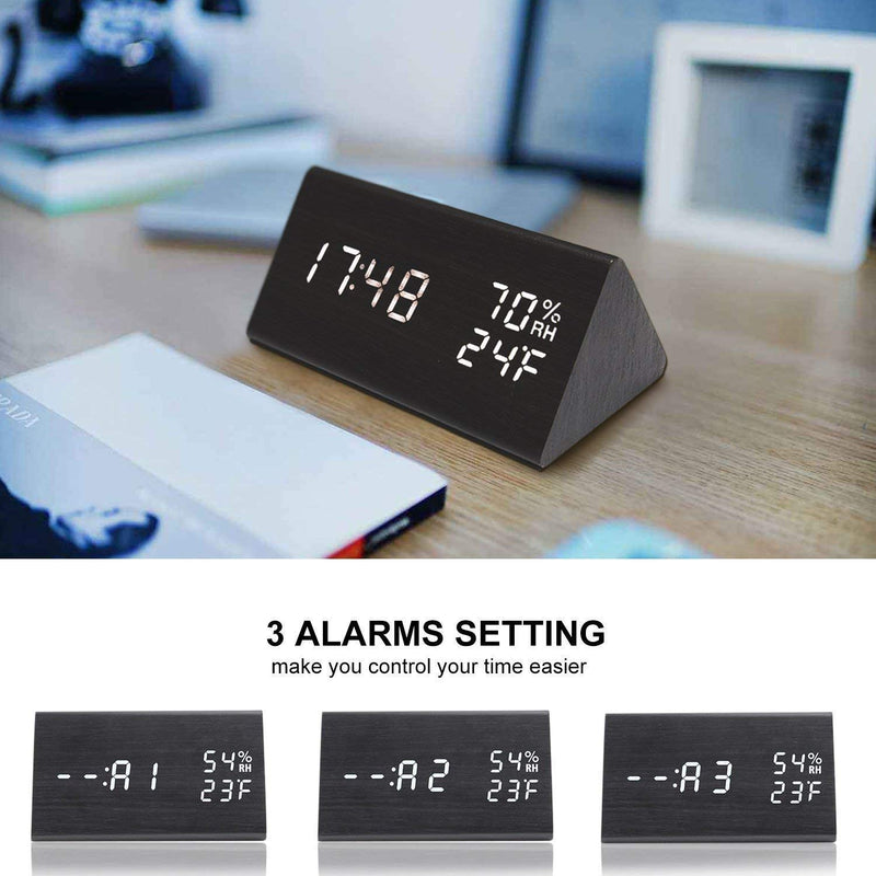 Digital Alarm Clock, with Wooden Electronic LED Time Display, 3 Alarm Settings, Humidity & Temperature Detect, Wood Made Electric Clocks for Bedroom, Bedside… (Black) Black