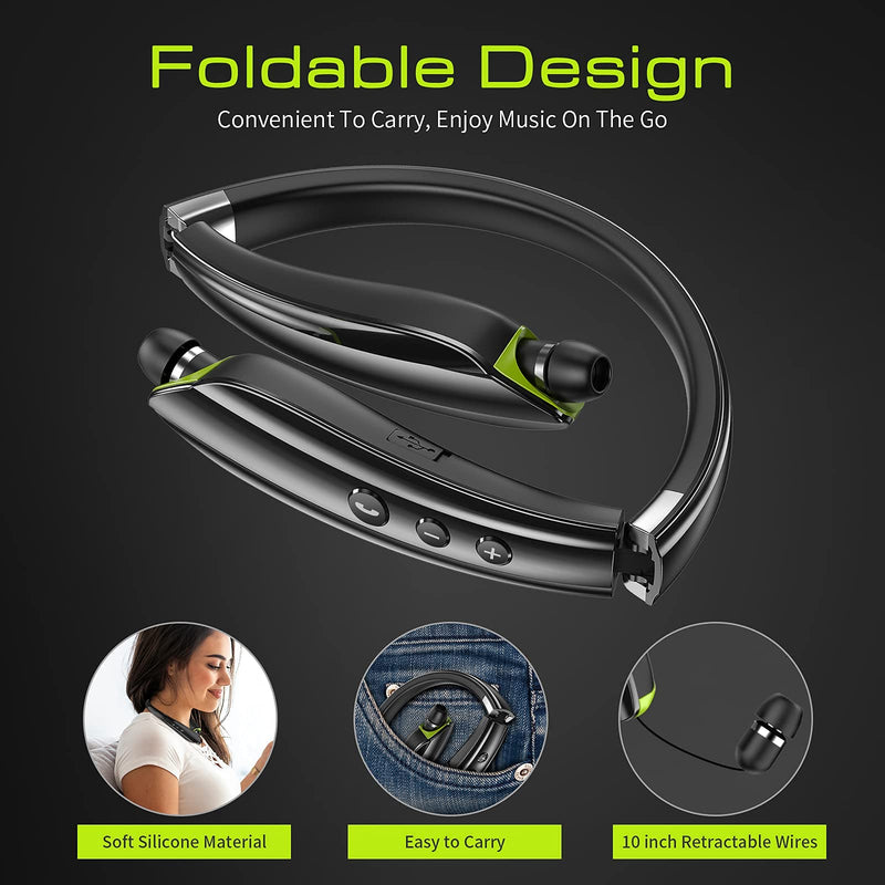 Bluetooth Headset, 2022 Upgraded Neckband Bluetooth Headphones with Retractable Earbuds, Noise Cancelling Stereo Earphones with Mic, Foldable Wireless Headphones for Sports Office with Carry Case Black