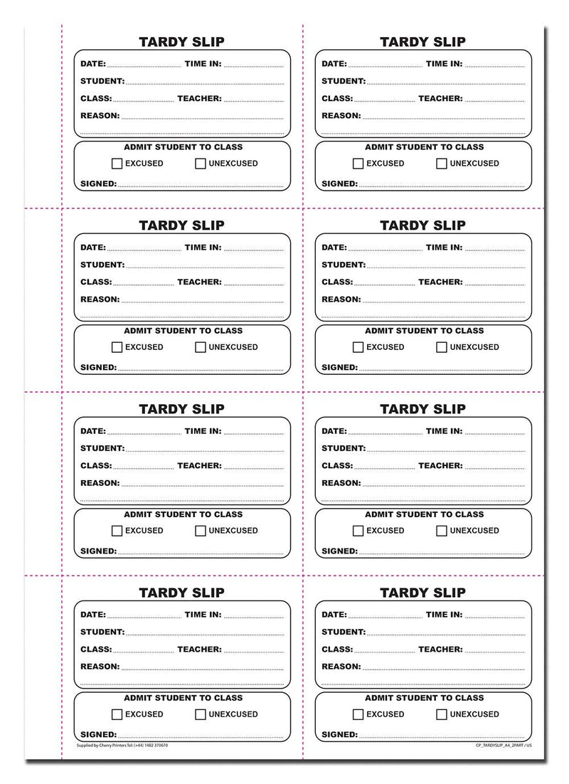 Cherry Easy Removal Fold and Tear Tardy Slip Book with Carbonless Copies / 400 (3.89 x 2.92 Inches) Slips Per Book
