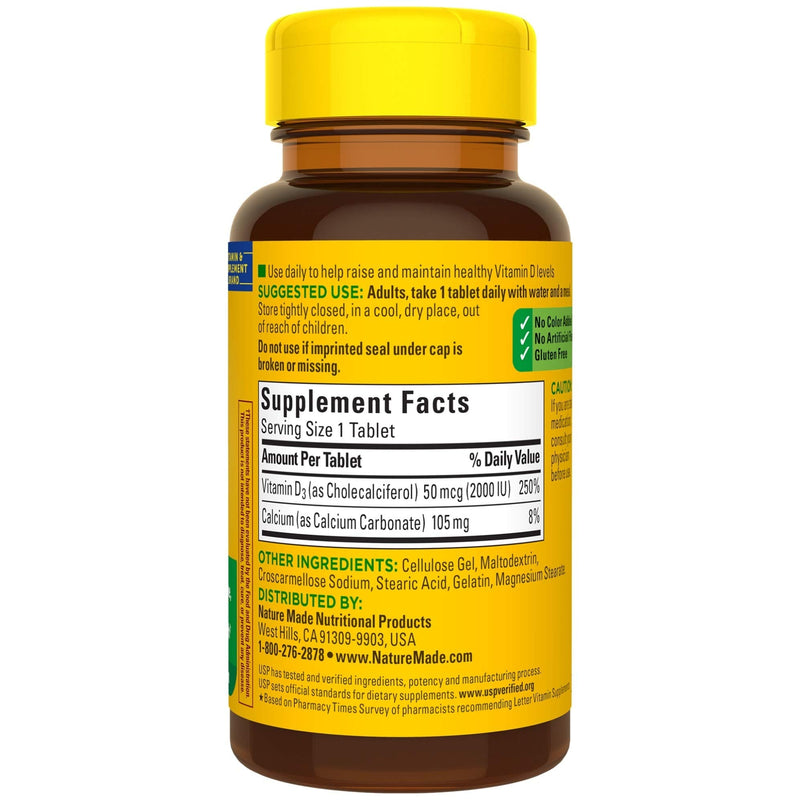 Nature Made Vitamin D3, 100 Tablets, Vitamin D 2000 IU (50 mcg) Helps Support Immune Health, Strong Bones and Teeth, & Muscle Function, 250% of the Daily Value for Vitamin D in One Daily Tablet 100 Count (Pack of 1)