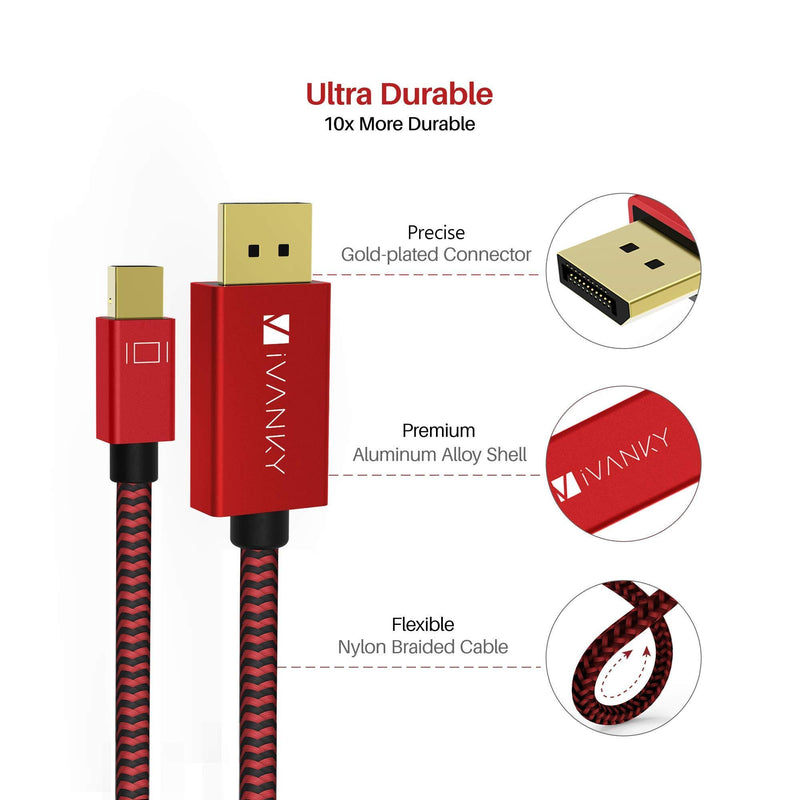 Mini DisplayPort to DisplayPort Cable, 6.6 Feet/ 2m, iVANKY 4K@60Hz/2K@144Hz Mini DP to DP Cable, Mini Display to DisplayPort Cable Compatible with MacBook Air/Pro, Surface Pro/Dock and More - Red