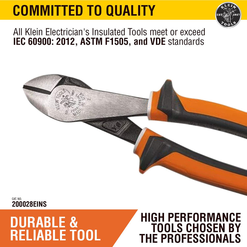 Klein Tools Diagonal Cutting Pliers, Insulated, Slim Handle 200028EINS, Orange/Gray Tapered Nose