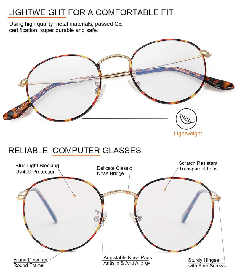 Blue Light Glasses for Women Men, Round Metal Frame Anti Bluelight Lens Computer Glasses 03 Tortoise 50 Millimeters