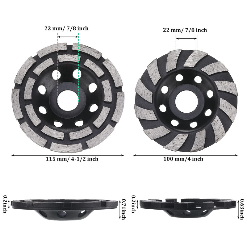 2 Pieces Concrete Diamond Cup Grinding Wheel Including 4-1/2 Inch Double Row Grinding Wheel 4 Inch 12-Segment Heavy Duty Turbo Row Grinding Disc for Angle Grinder Polishing 7/8 inch Arbor