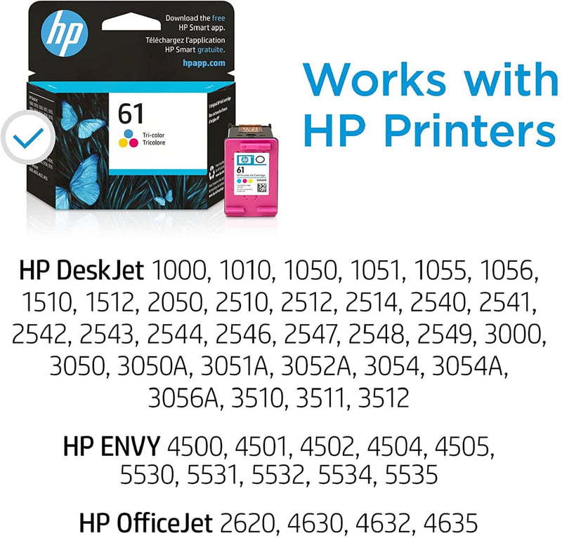 Original HP 61 Tri-color Ink | Works with DeskJet 1000, 1010, 1050, 1510, 2050, 2510, 2540, 3000, 3050, 3510; ENVY 4500, 5530; OfficeJet 2620, 4630 Series | Eligible for Instant Ink | CH562WN