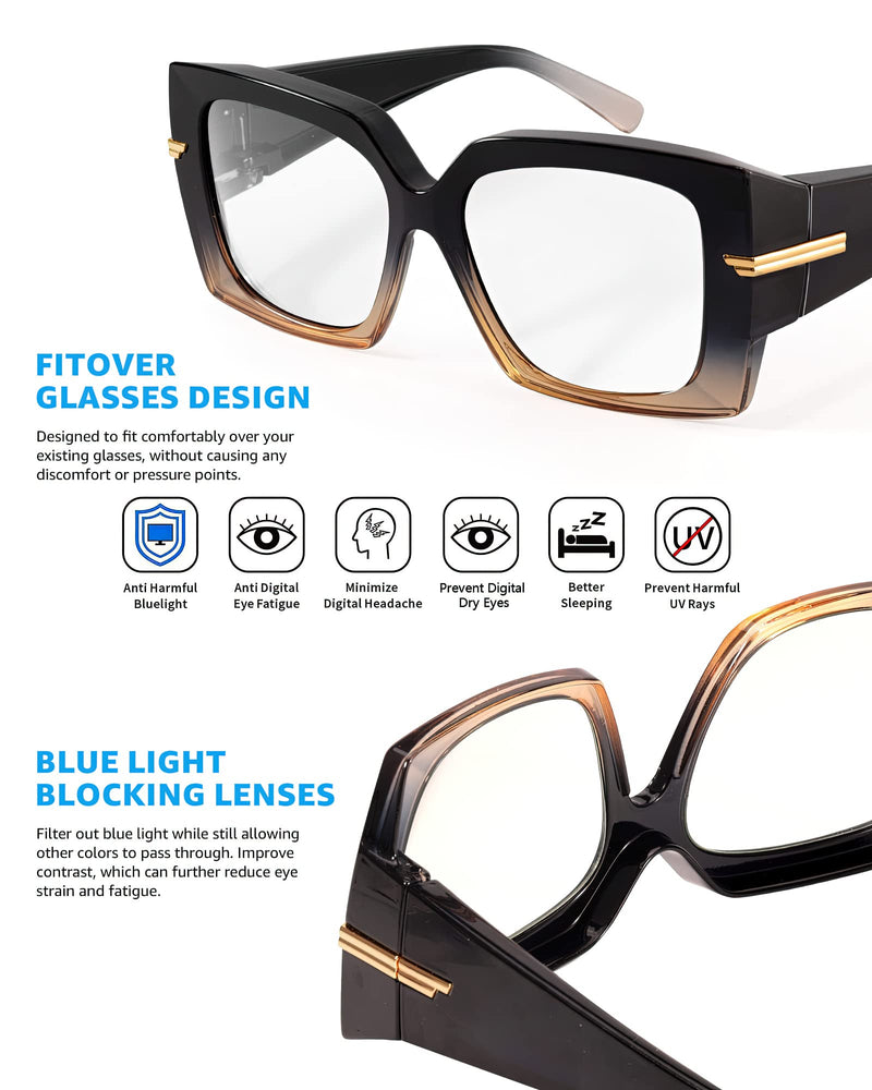 LVIOE Fit Over Blue Light Blocking Glasses for Women Oversized Square Clear Blue Light Glasses to Wear Over Eyeglasses LB7519 Z02 Gradient Blue