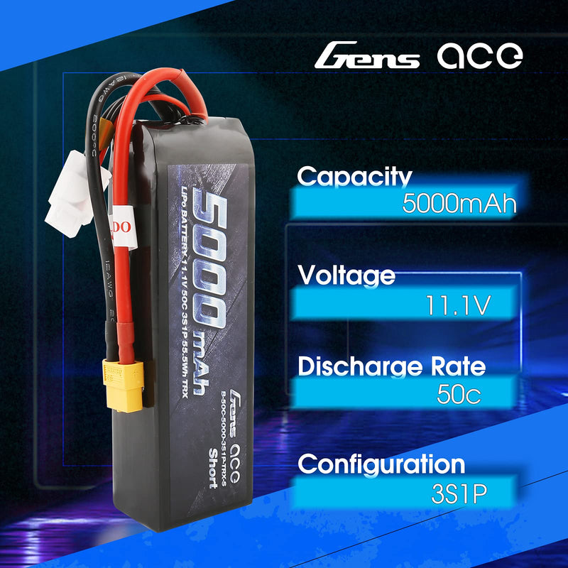 Gens ace 5000mAh 11.1V 3S 50C 3 Cell LiPo Battery Pack with XT60 and Deans Plug (Updated) for Traxxas RC Cars Slash vxl Slash 4x4 vxl E-maxx Brushless Axial e-revo Brushless and Spartan Models