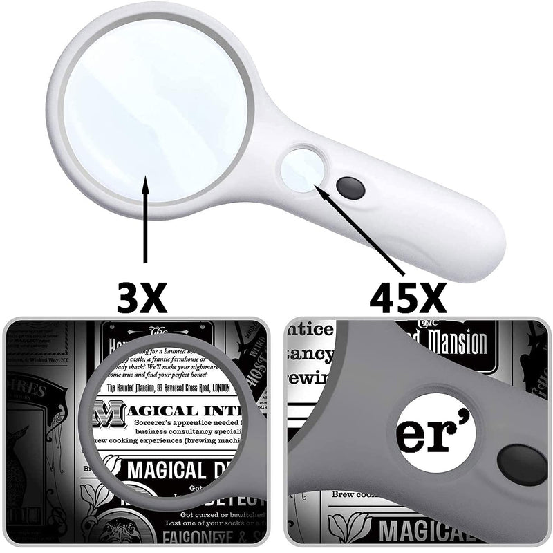 3X 45X LED Lighted Magnifying Glass,Batteries Included,Illuminated Handheld Magnifier with Light,for Seniors Reading,Macular Degeneration,Newspaper, Antique, Exploring, Map, Stamp White