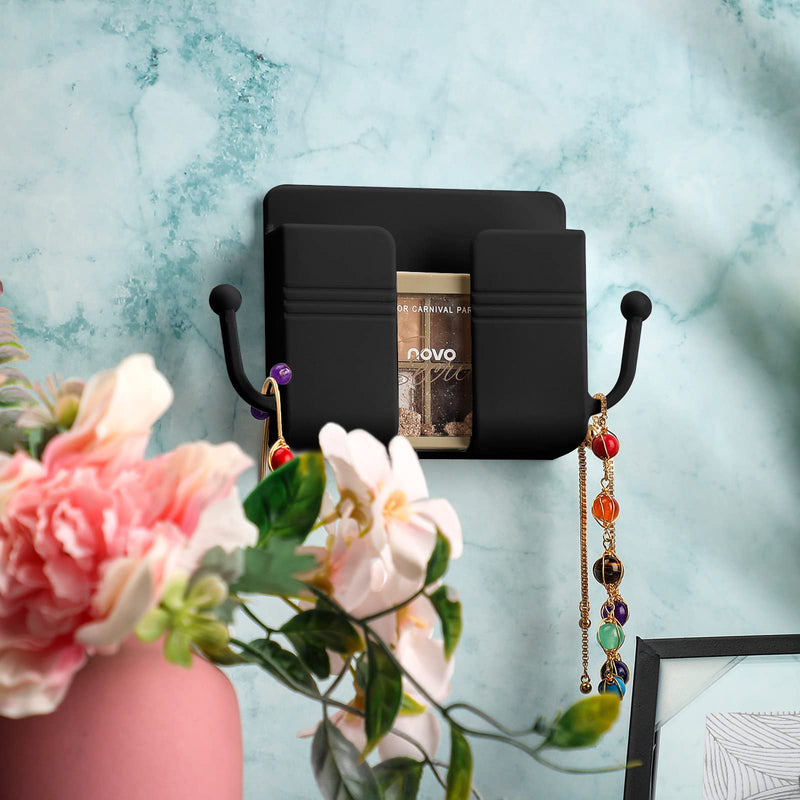 6 Pieces Wall Mount Phone Holder Self-Adhesive Wall Beside Organizer Storage Box Plastic Charging Phone Stand Remote Wall-Mounted Phone Brackets Holder for Bedroom (Black) Black