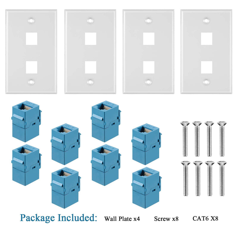 4 Pieces 2 Port Ethernet Wall Plate, RJ45 Cat6 Female to Female Jack Inline Coupler FacePlates (Blue) Blue