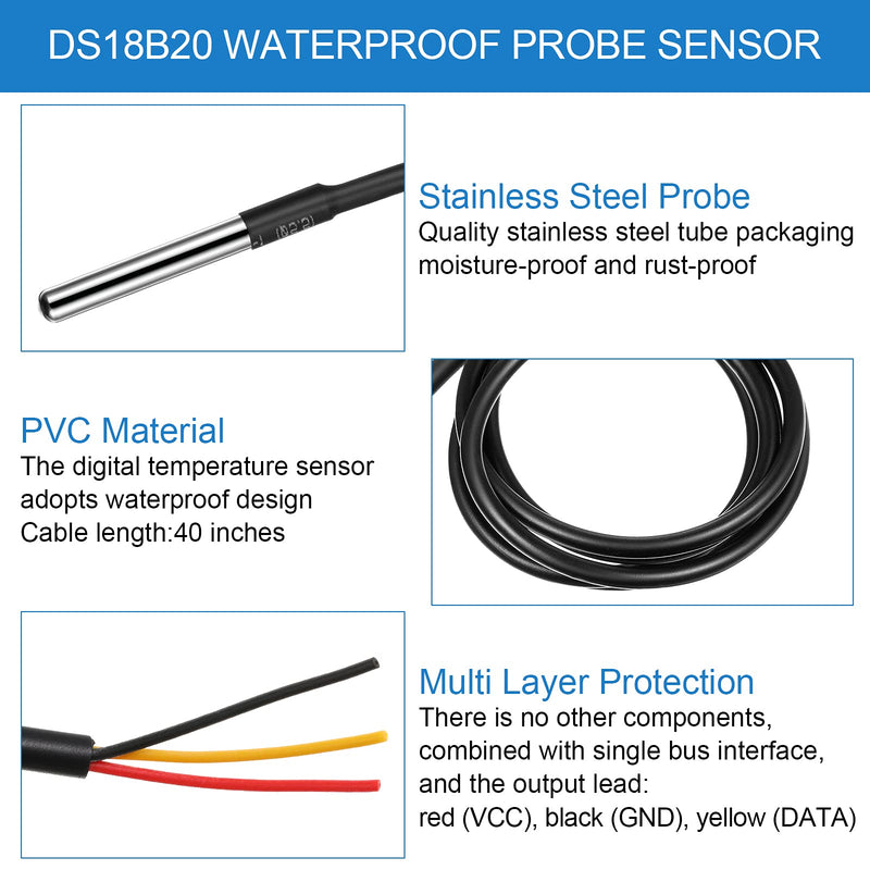 4 Sets DS18B20 Temperature Sensor Module Kit with 1 m/ 3.2 Ft Waterproof Digital Stainless Steel Probe -55 to +125 Degrees Celsius, Compatible with Raspberry Pi